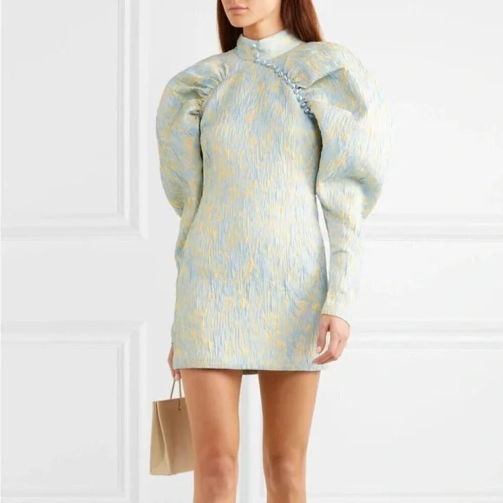 💕ROTATE💕 Button-Detailed Ruched Crinkled-Jacquard Mini Dress Angel Fall 8 NWOT - Picture 5 of 16